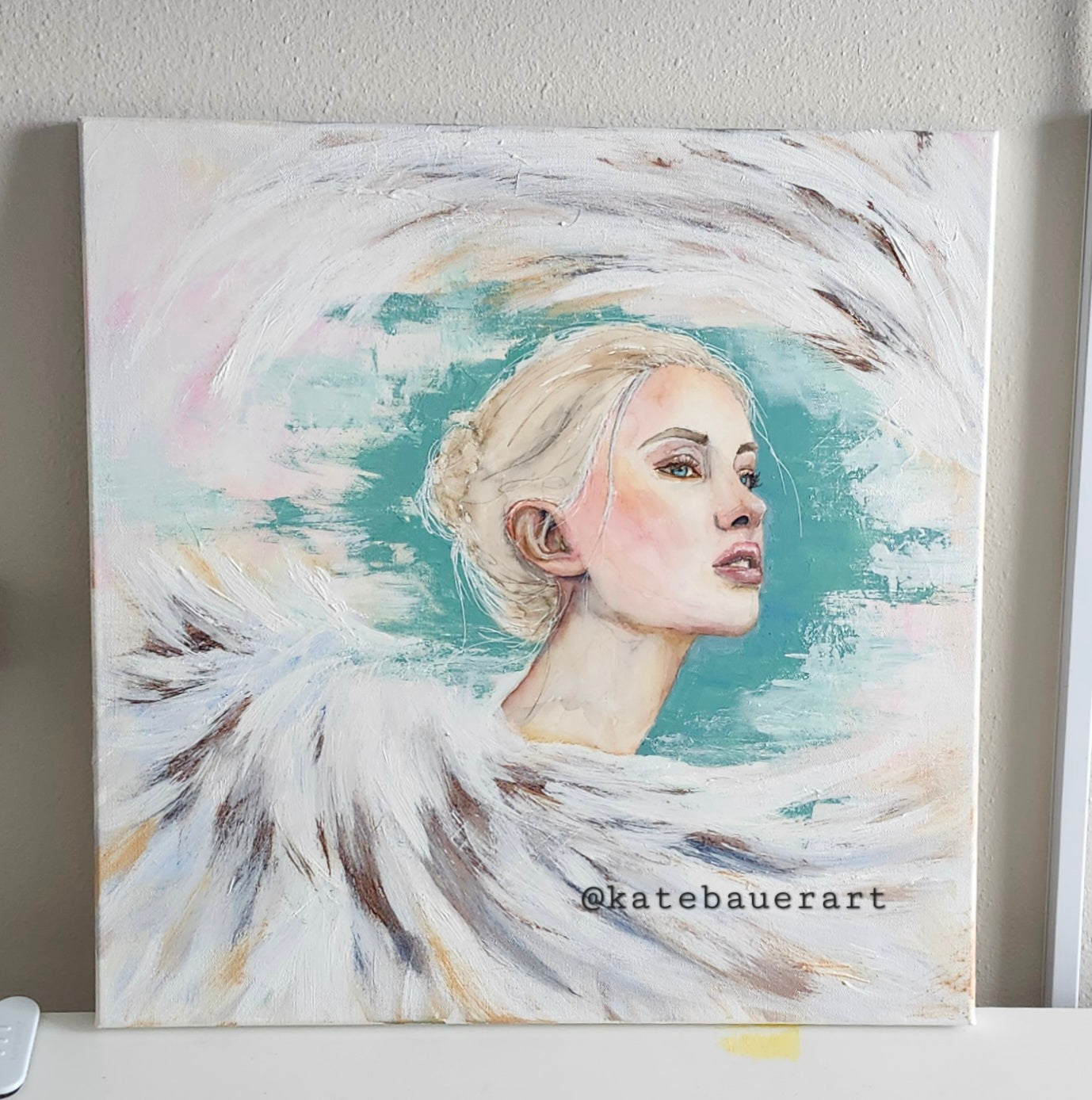 Original- Angel Wings- Woman Portrait of Hope-Christianity 20x20"Mixed Media Painting