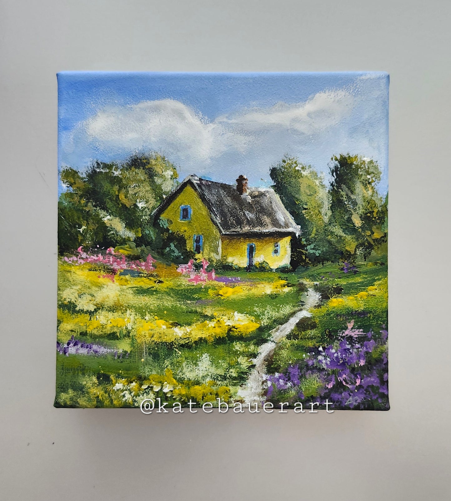 ORIGINAL Landscape Yellow Cottage In Flower Fields-6x6"Acrylic Painting Canvas