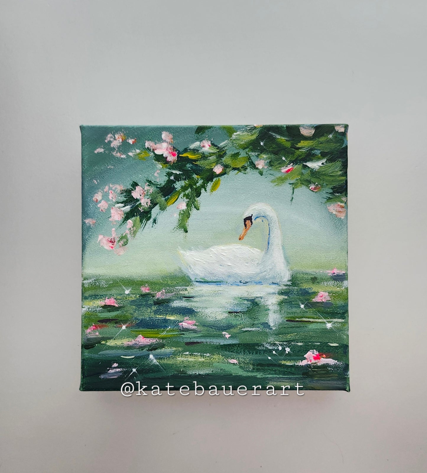 ORIGINAL Swan On Lake- Whimsical-Pink Lillies 6x6"Acrylic Painting Canvas