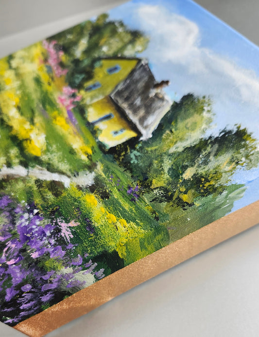 ORIGINAL Landscape Yellow Cottage In Flower Fields-6x6"Acrylic Painting Canvas