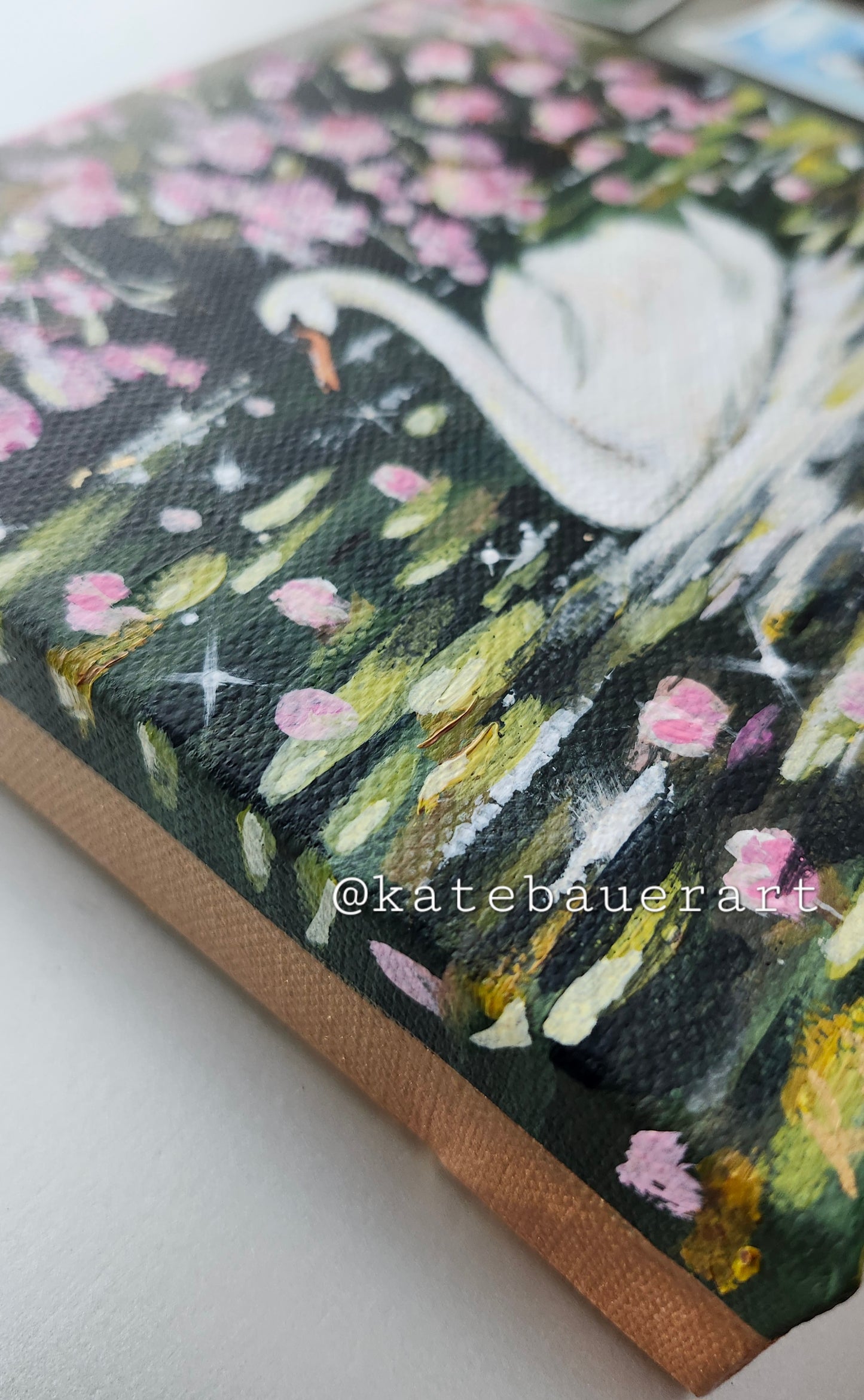 ORIGINAL Swan On Dark Lake Landscape- Pink Flower Blossoms- 6x6"Acrylic Painting-Kate Bauer