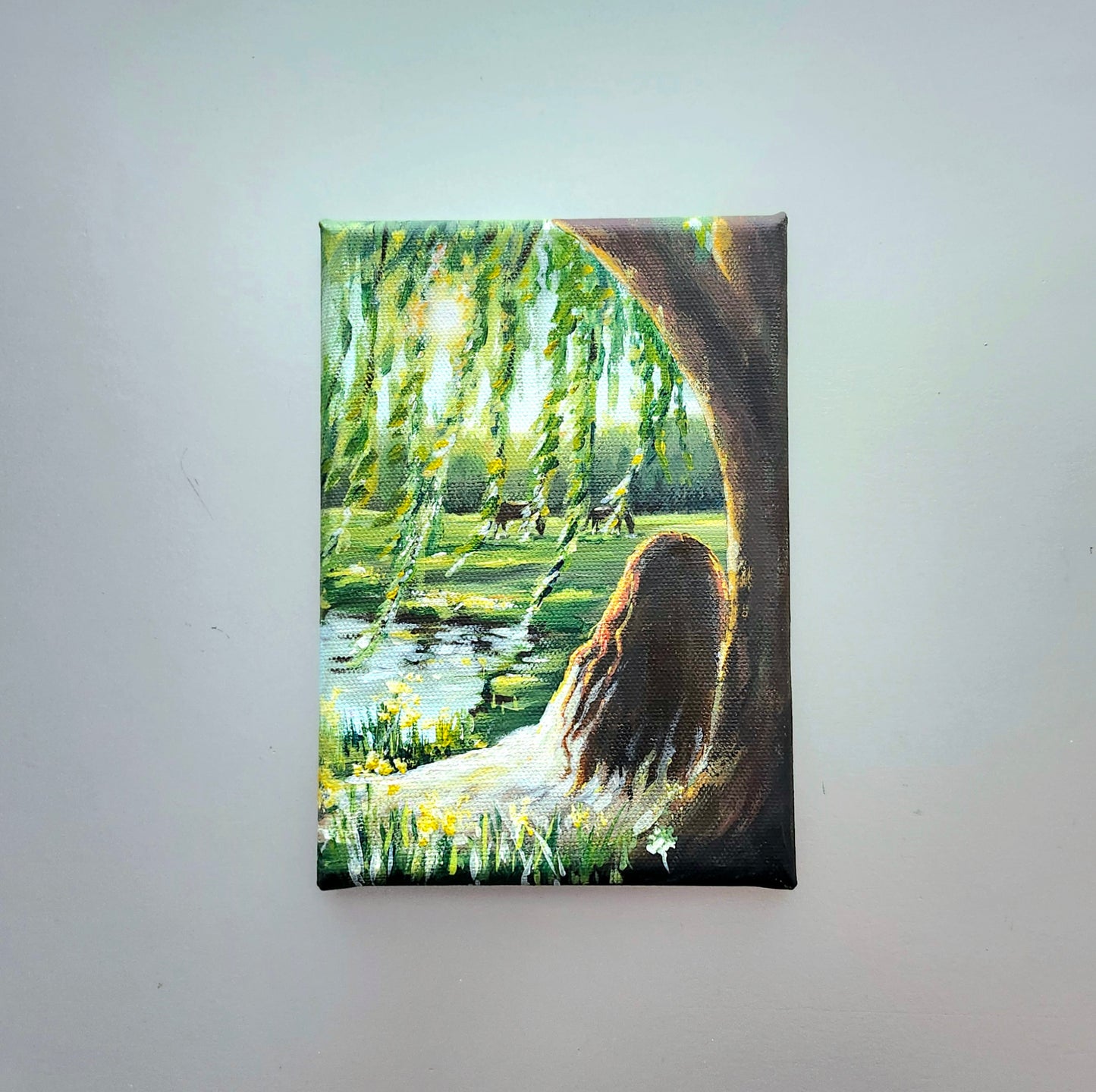 ORIGINAL Woman By Lake - Weeping Willow Landscape 5x7" Acrylic Painting-Kate Bauer
