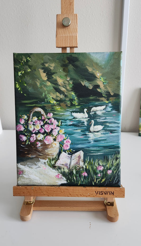 Original Pink Roses By Swan Lake -Flowers Landscape Painting-8x10"-Kate Bauer