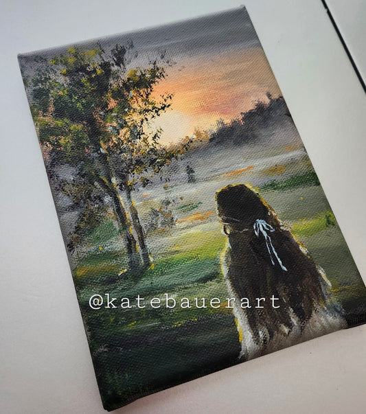 Original Woman In Misty Field - Dark Academia Style Landscape Painting-5x7"- Kate Bauer