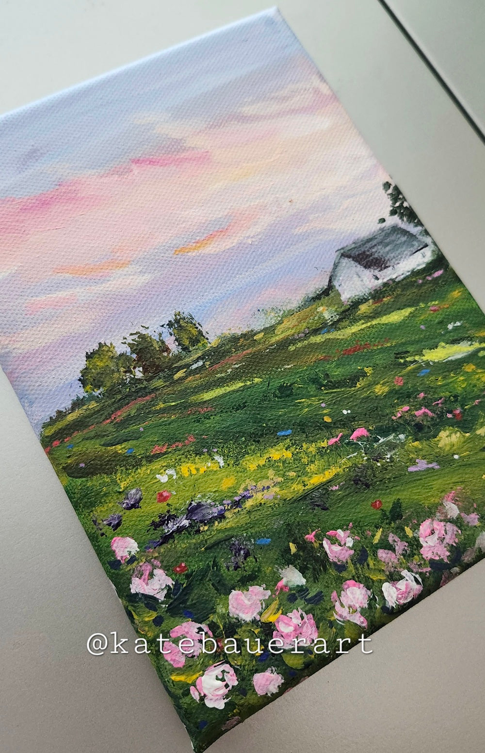 Original Flower Field With Cottage Landscape - Pink Sky Painting 5x7" - Kate Bauer