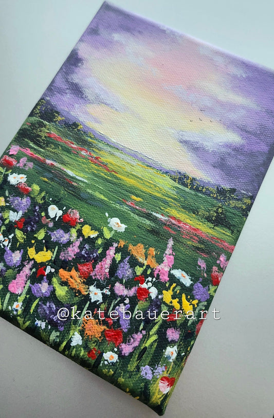 Original Flower Fields Landscape - Sunset Sky Painting 5x7" - Kate Bauer