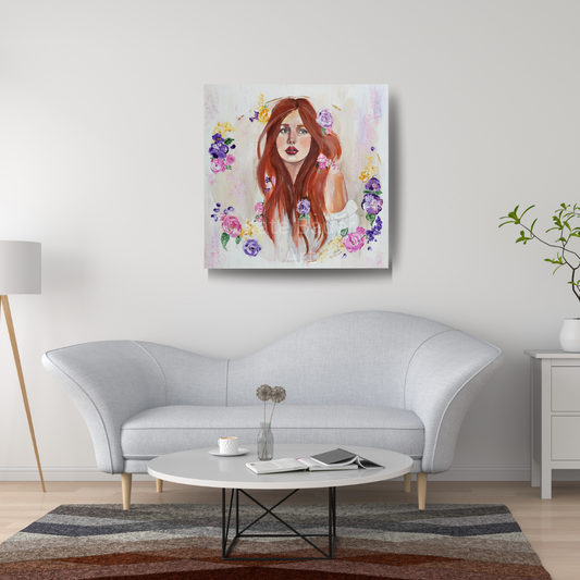 Original Woman With Flowers - Ethereal Whimsy-24x24" Mixed Media Painting-Kate Bauer Art