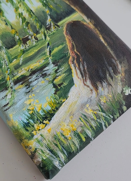ORIGINAL Woman By Lake - Weeping Willow Landscape 5x7" Acrylic Painting-Kate Bauer