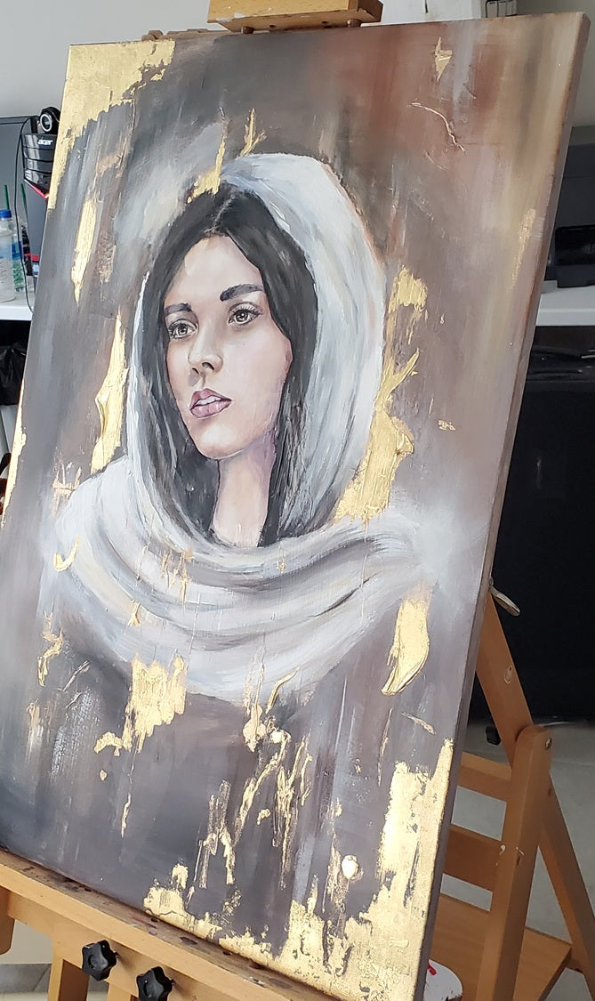 Original Mixed Media Painting of Mary - Mother Mary - 36x24" 24K Gold Leaf Accents On Canvas - Kate Bauer Art