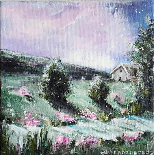 Original -Cottage In Meadow-Pink Flowers At Night 8x8 inch Acrylic Painting- Kate Bauer