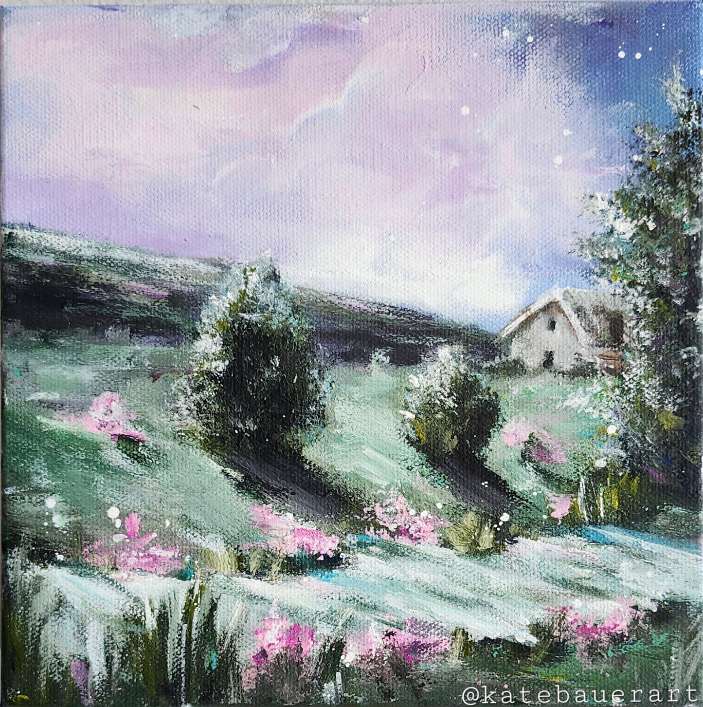 ORIGINAL Landscape Cottage In Meadow-Pink Flower-Night Sky-8x8"Acrylic Painting