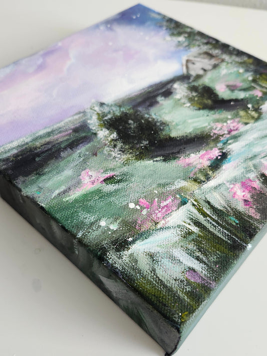 Original -Cottage In Meadow-Pink Flowers At Night 8x8 inch Acrylic Painting- Kate Bauer