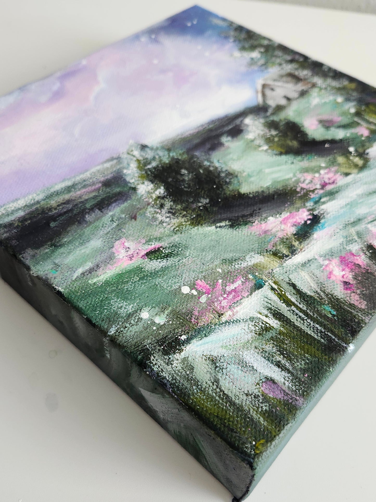 ORIGINAL Landscape Cottage In Meadow-Pink Flower-Night Sky-8x8"Acrylic Painting