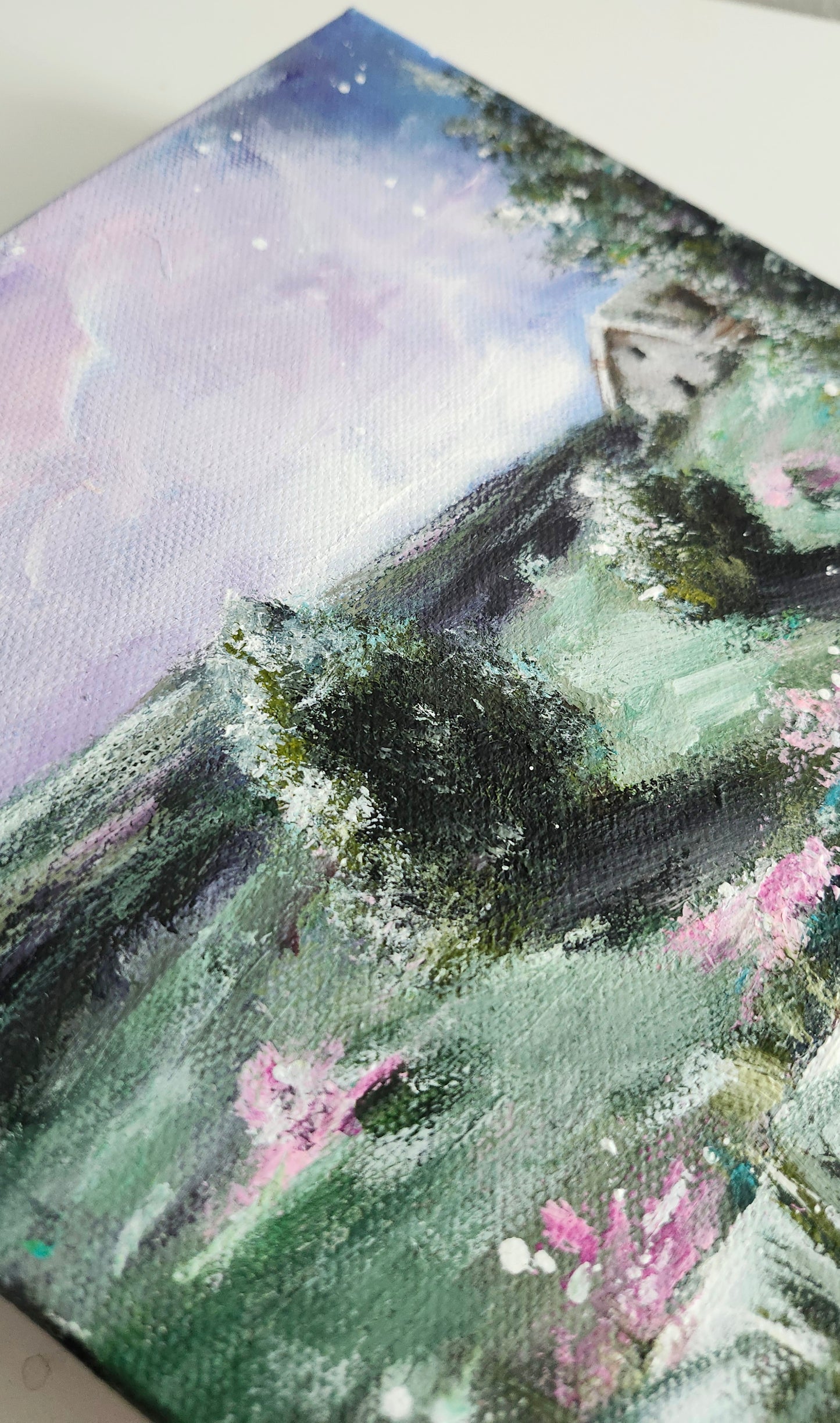 ORIGINAL Landscape Cottage In Meadow-Pink Flower-Night Sky-8x8"Acrylic Painting