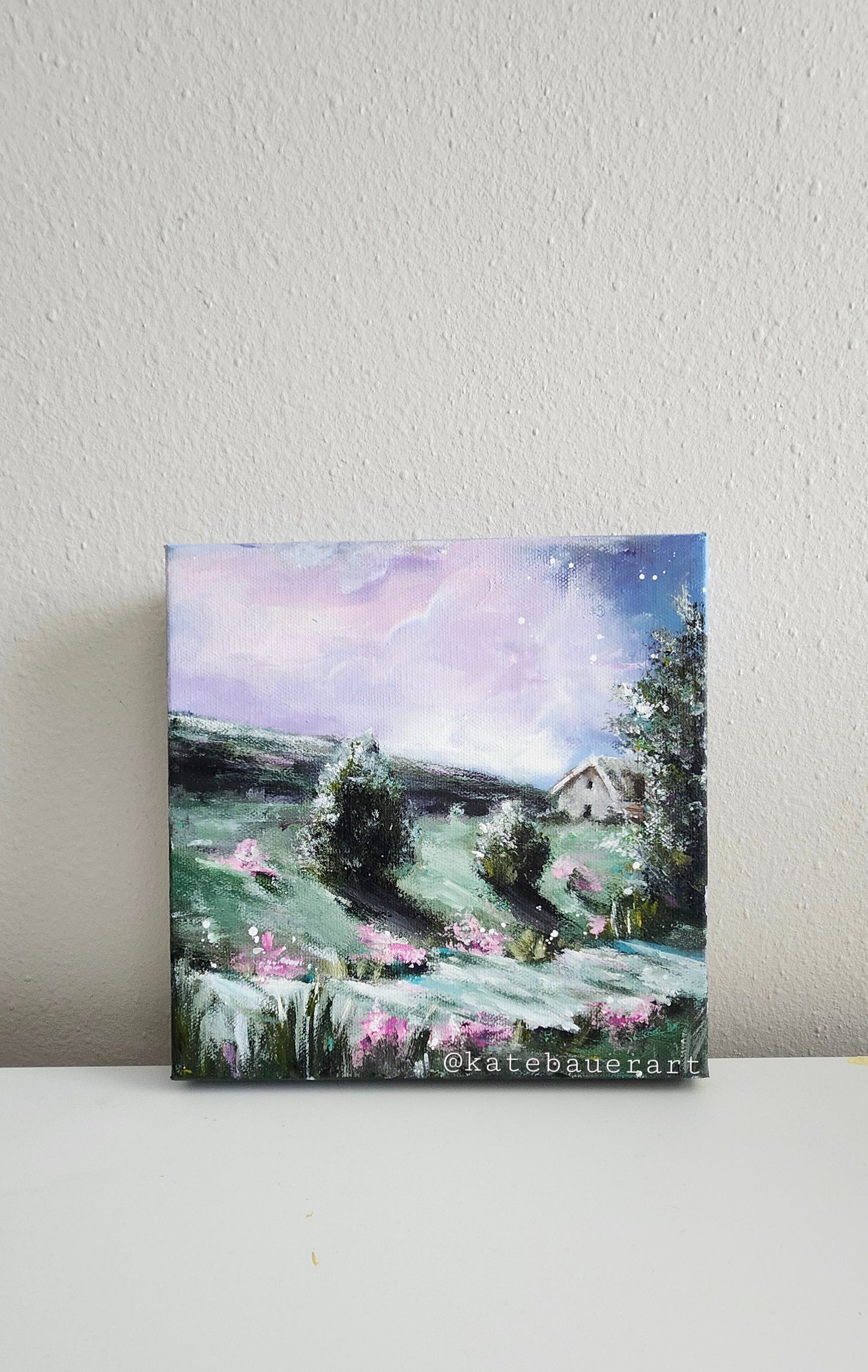 ORIGINAL Landscape Cottage In Meadow-Pink Flower-Night Sky-8x8"Acrylic Painting