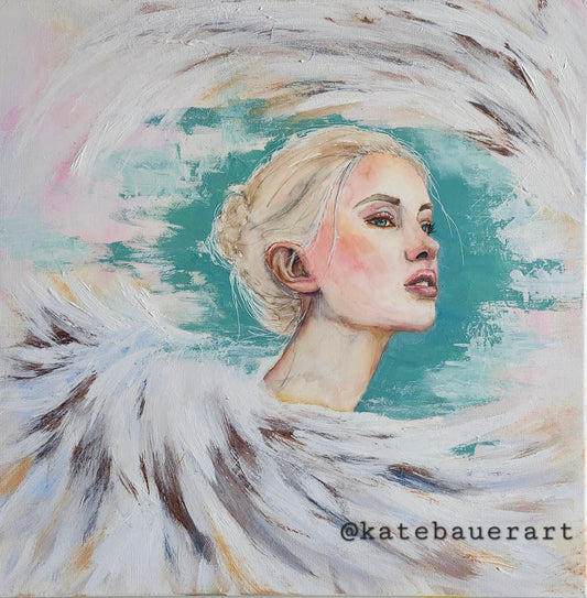 Original- Angel Wings- Woman Portrait of Hope-Christianity 20x20"Mixed Media Painting
