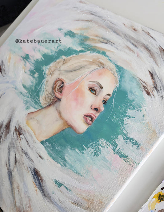 Original- Angel Wings- Woman Portrait of Hope-Christianity 20x20"Mixed Media Painting