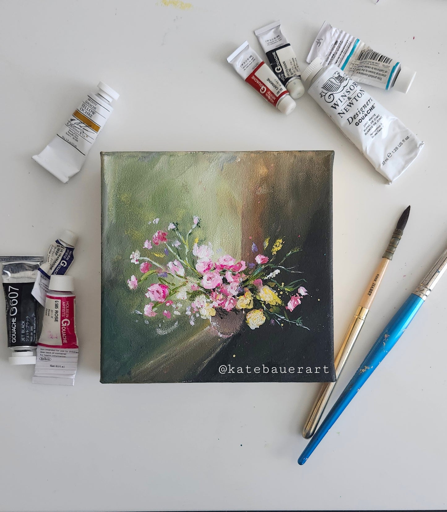 ORIGINAL Floral Bouquet-Pink, Yellow Flowers -Prayer Art-6x6"Gouache Painting