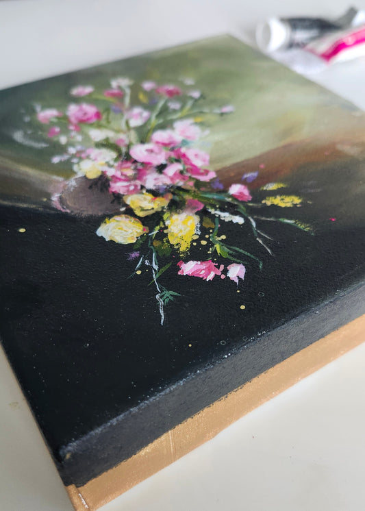 ORIGINAL Floral Bouquet-Pink, Yellow Flowers -Prayer Art-6x6"Gouache Painting