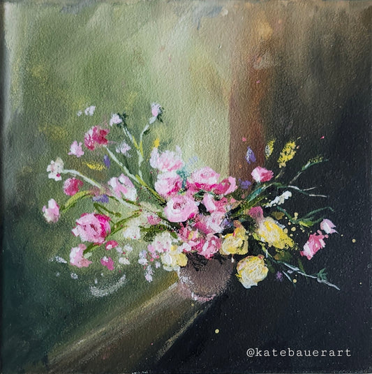 ORIGINAL Floral Bouquet-Pink, Yellow Flowers -Prayer Art-6x6"Gouache Painting