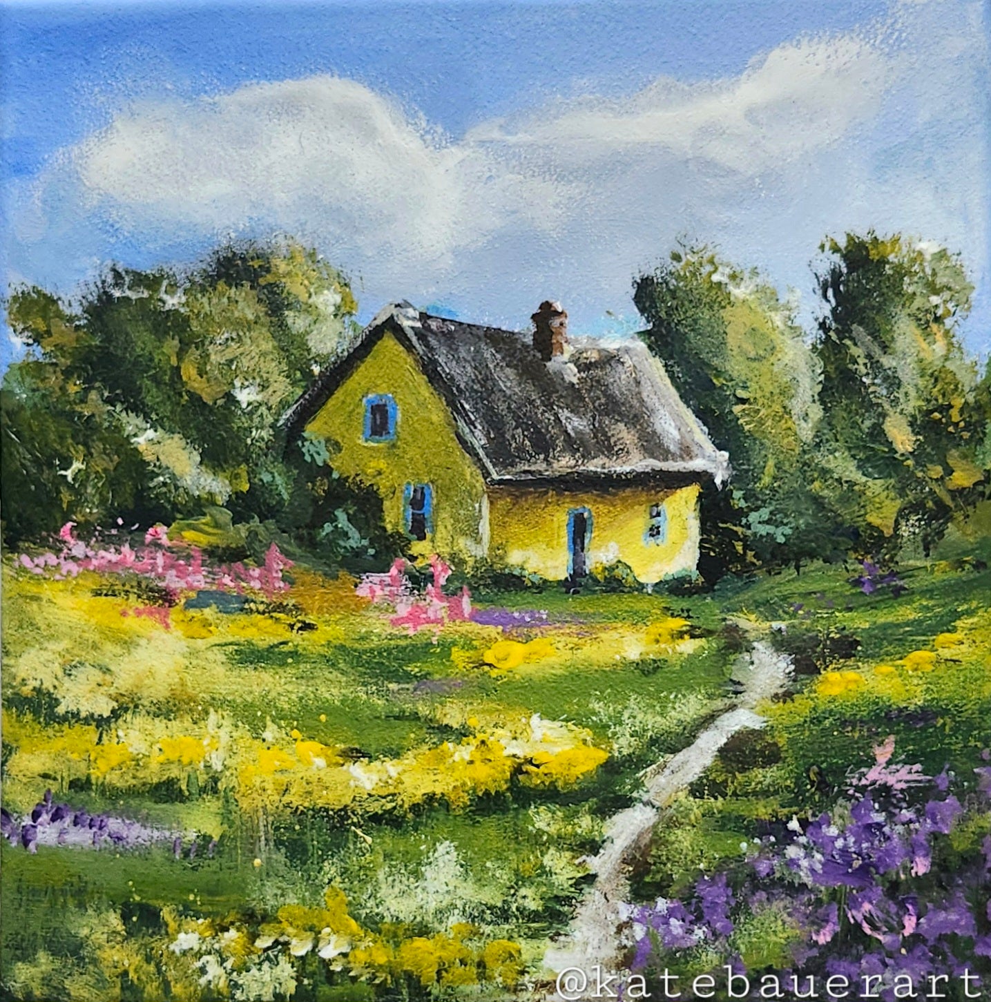 ORIGINAL Landscape Yellow Cottage In Flower Fields-6x6"Acrylic Painting Canvas