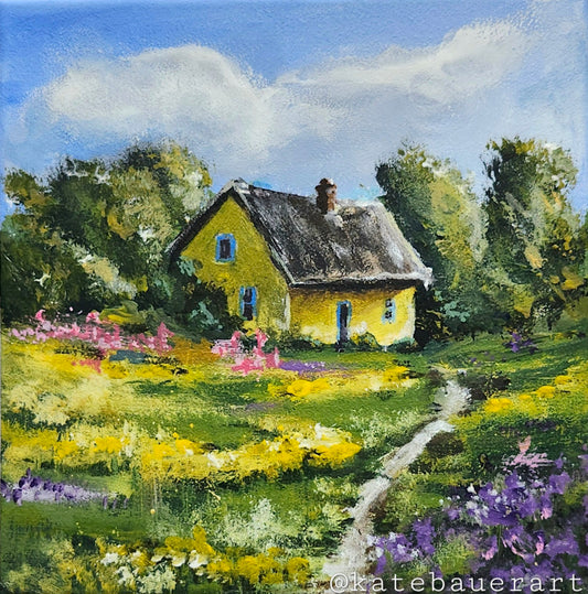 ORIGINAL Landscape Yellow Cottage In Flower Fields-6x6"Acrylic Painting Canvas