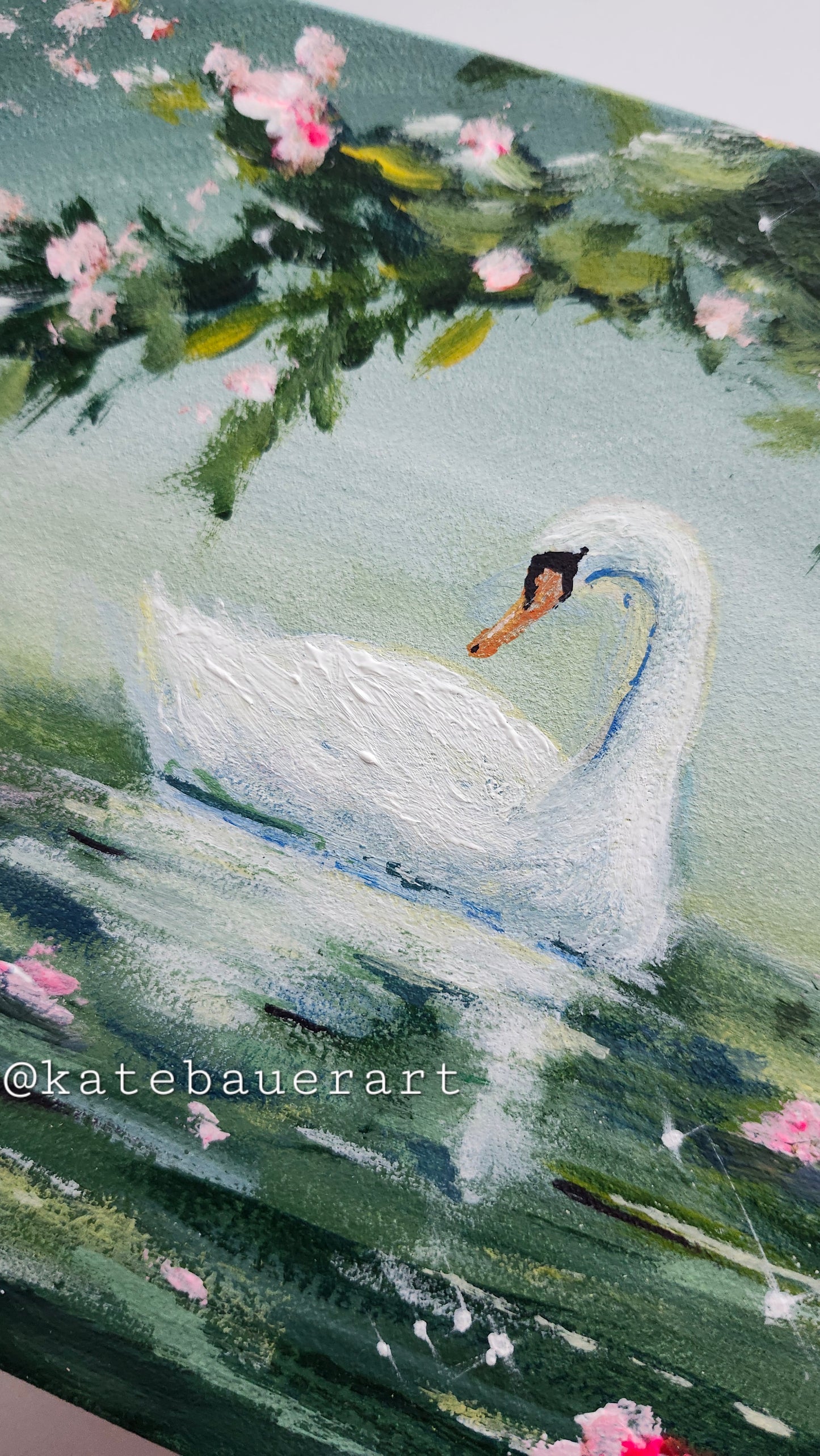 ORIGINAL Swan On Lake- Whimsical-Pink Lillies 6x6"Acrylic Painting Canvas
