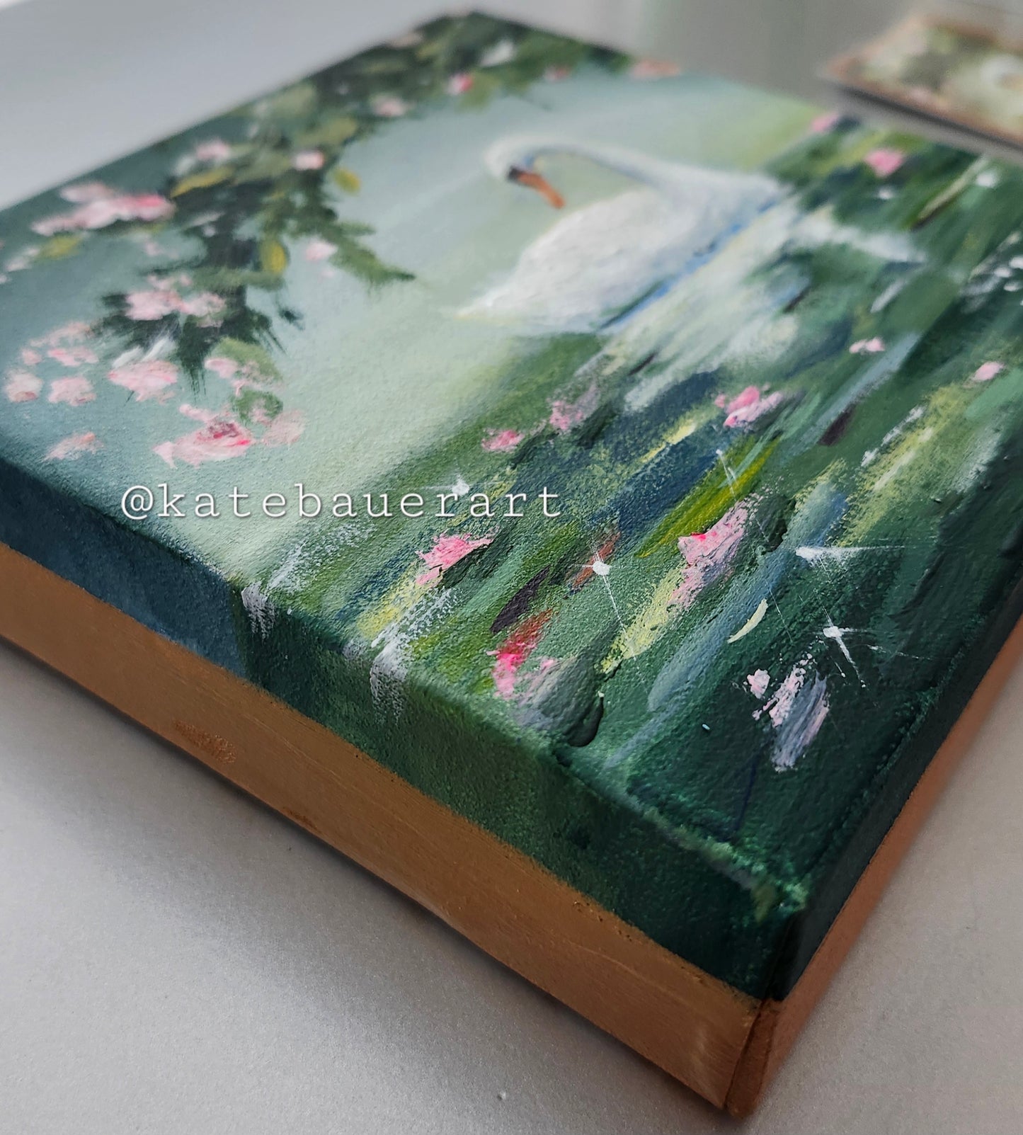 ORIGINAL Swan On Lake- Whimsical-Pink Lillies 6x6"Acrylic Painting Canvas