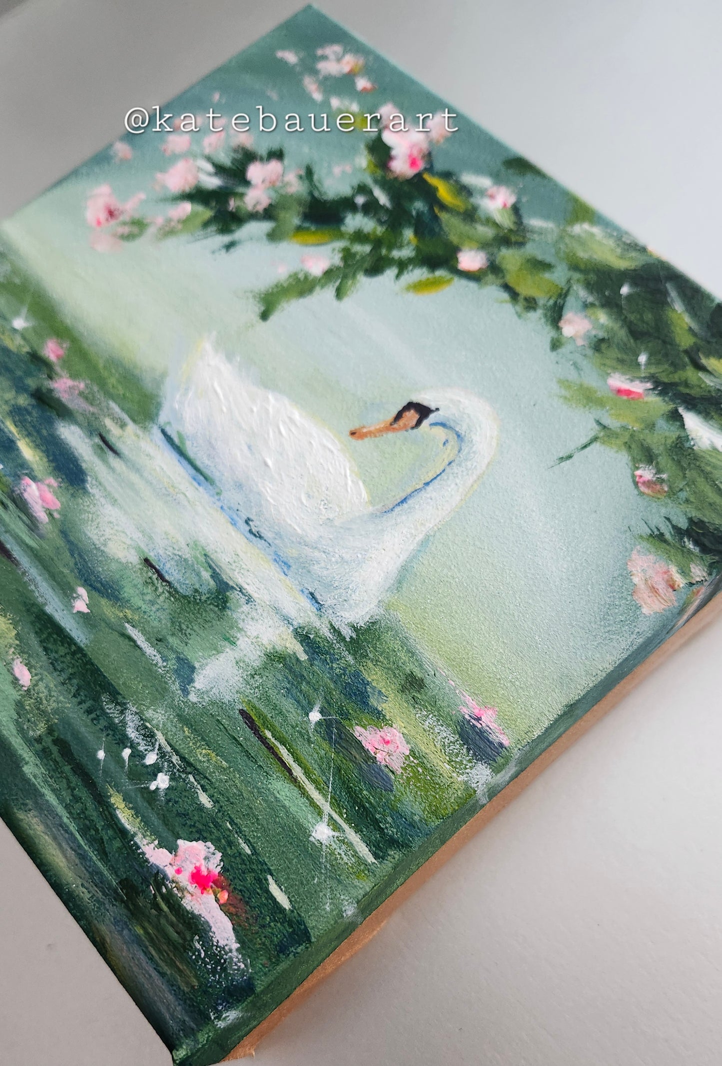 ORIGINAL Swan On Lake- Whimsical-Pink Lillies 6x6"Acrylic Painting Canvas
