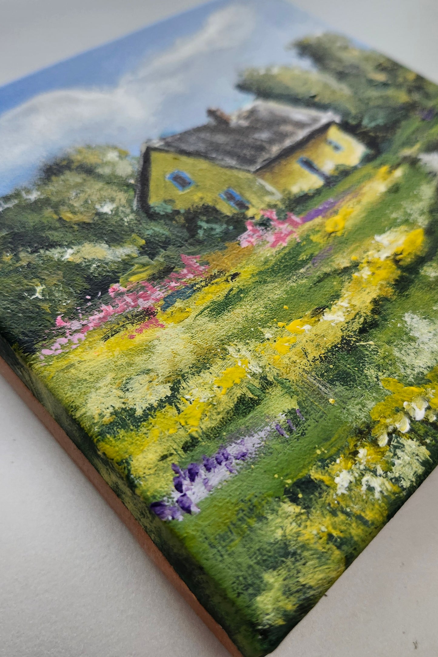 ORIGINAL Landscape Yellow Cottage In Flower Fields-6x6"Acrylic Painting Canvas