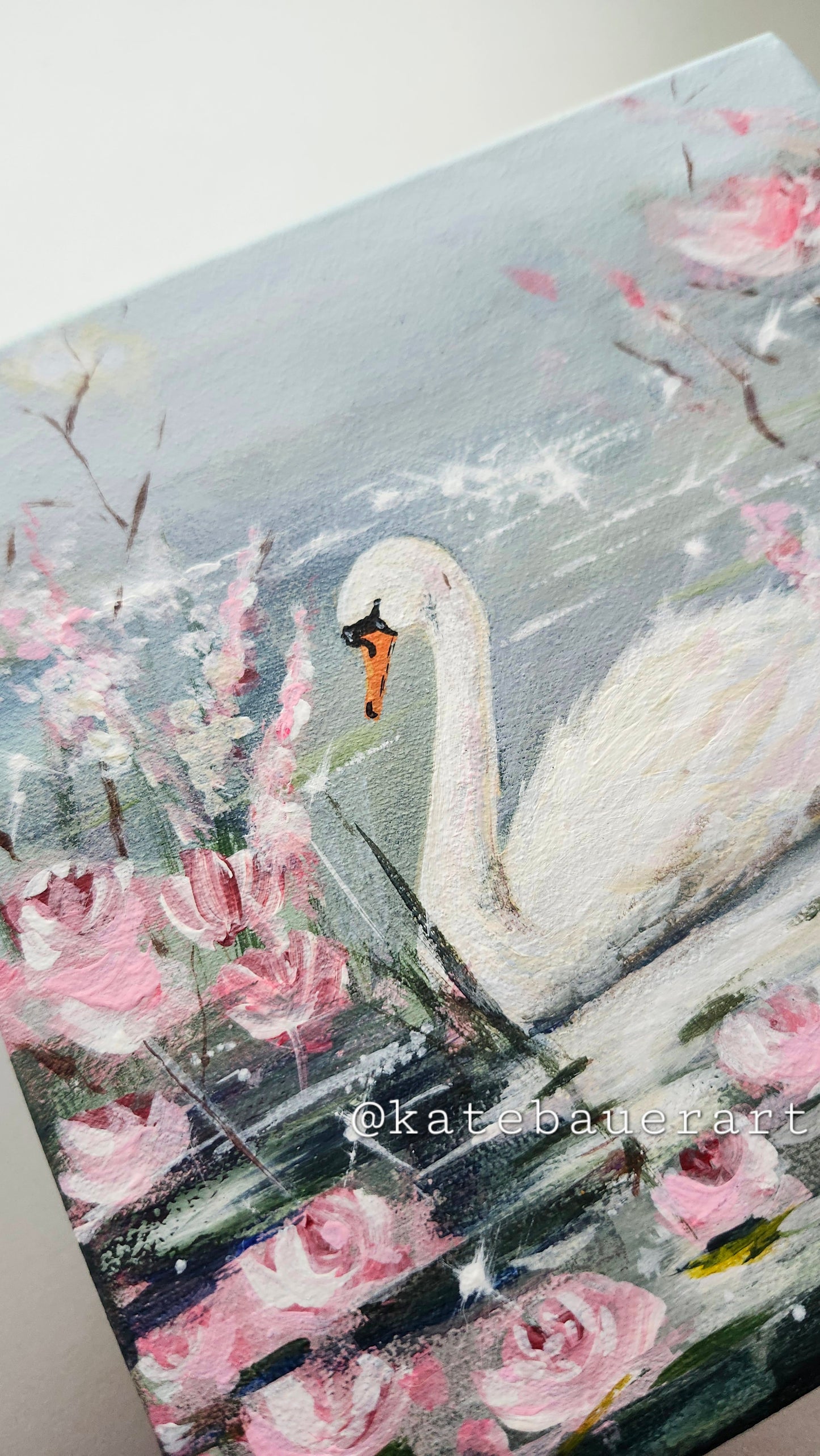 ORIGINAL Swan Lake With Blossoms- Whimsical-Pink 6x6"Acrylic Painting-Kate Bauer