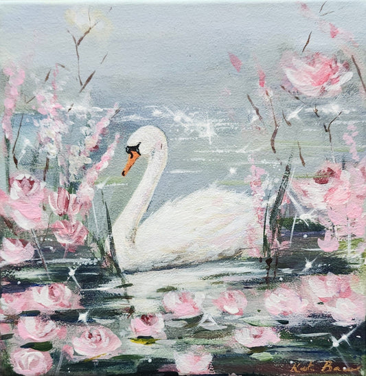 ORIGINAL Swan Lake With Blossoms- Whimsical-Pink 6x6"Acrylic Painting-Kate Bauer