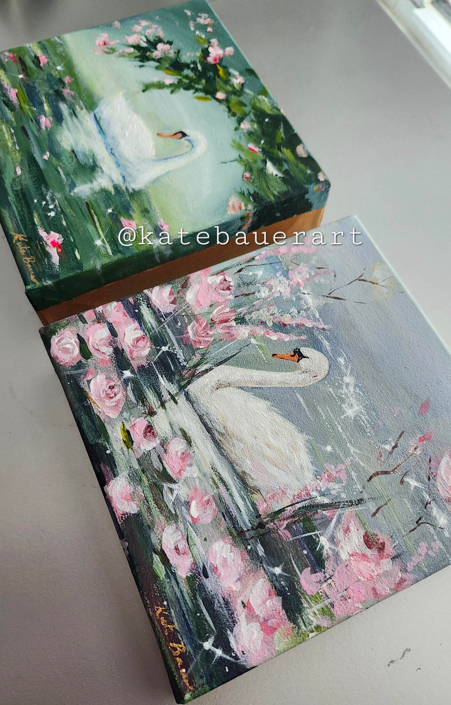 ORIGINAL Swan Lake With Blossoms- Whimsical-Pink 6x6"Acrylic Painting-Kate Bauer