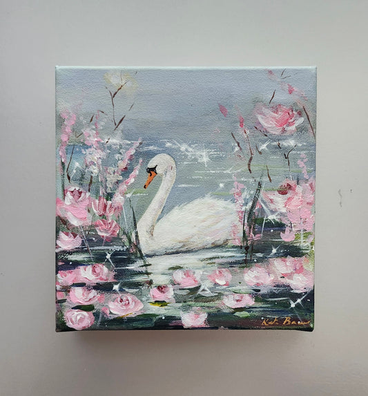 ORIGINAL Swan Lake With Blossoms- Whimsical-Pink 6x6"Acrylic Painting-Kate Bauer