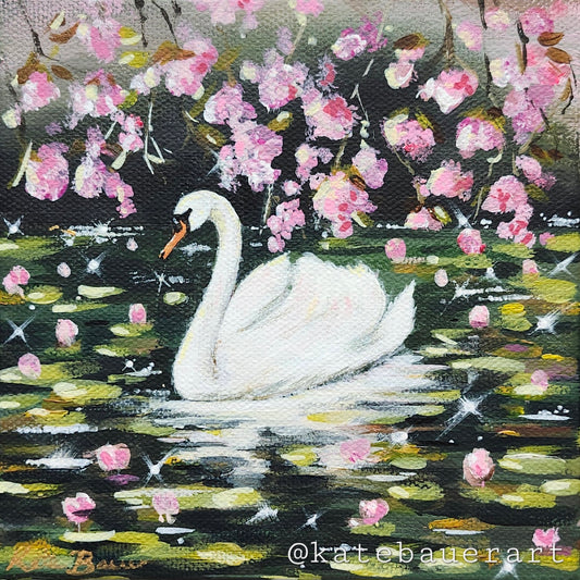 ORIGINAL Swan On Dark Lake Landscape- Pink Flower Blossoms- 6x6"Acrylic Painting-Kate Bauer