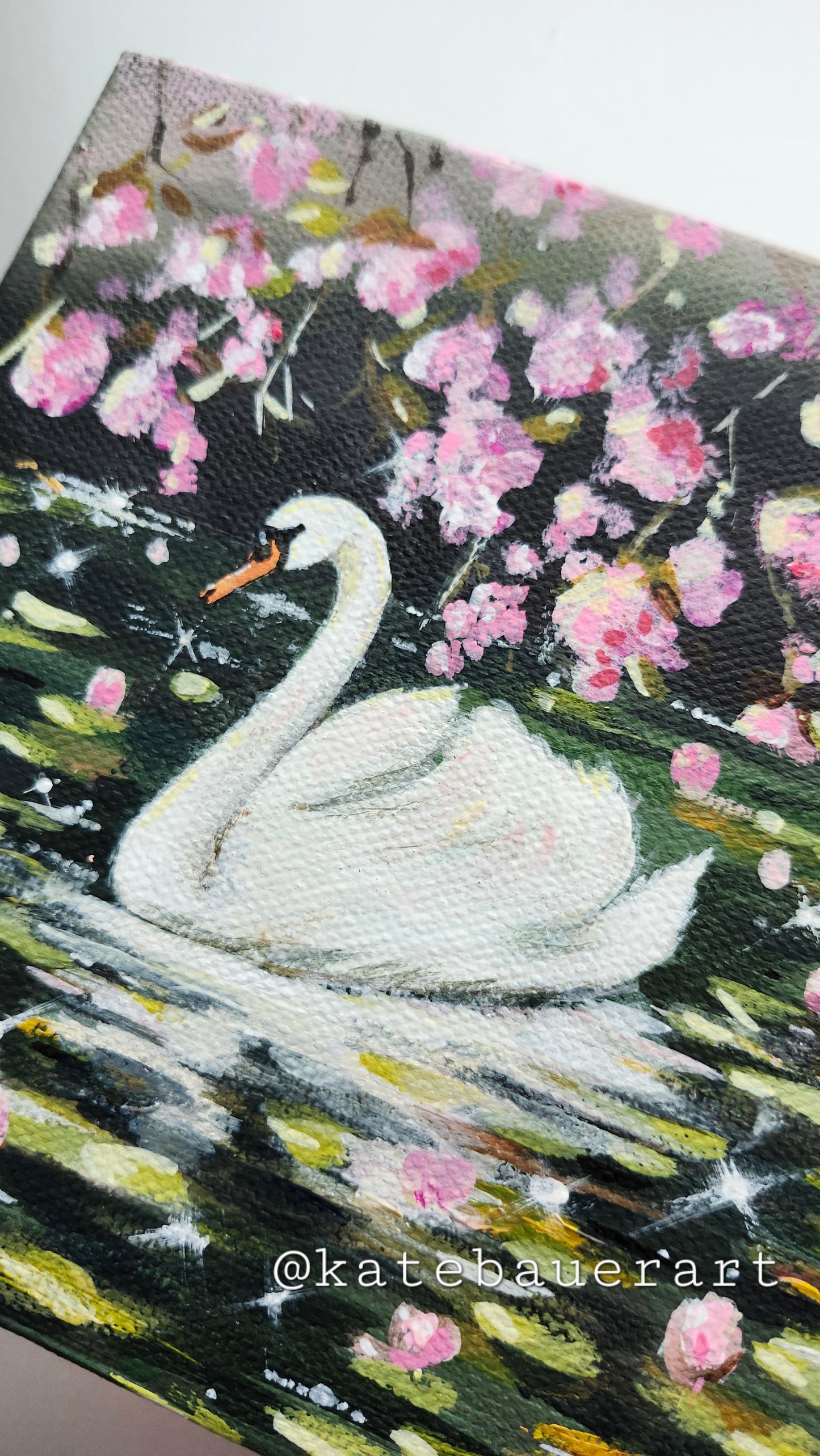 ORIGINAL Swan On Dark Lake Landscape- Pink Flower Blossoms- 6x6"Acrylic Painting-Kate Bauer