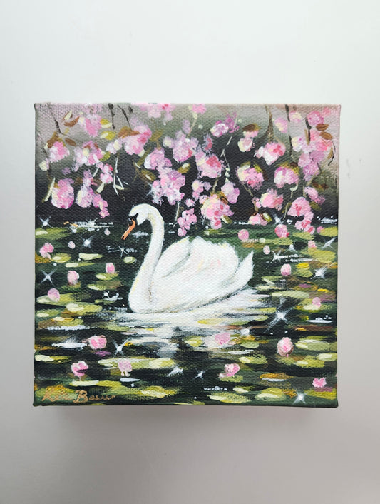 ORIGINAL Swan On Dark Lake Landscape- Pink Flower Blossoms- 6x6"Acrylic Painting-Kate Bauer