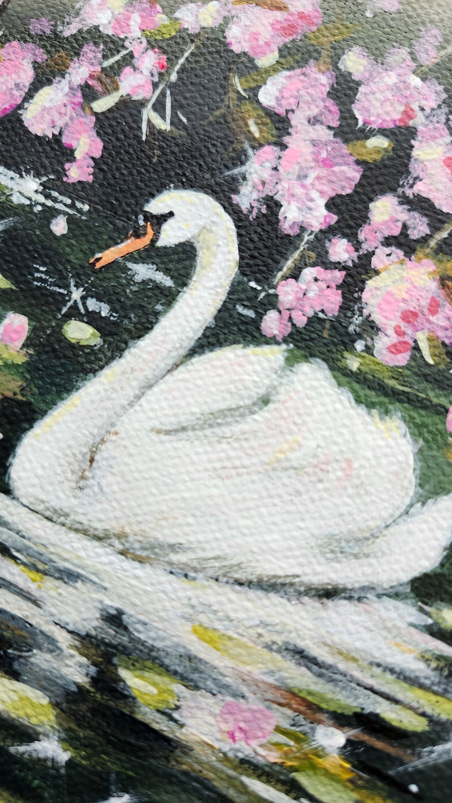 ORIGINAL Swan On Dark Lake Landscape- Pink Flower Blossoms- 6x6"Acrylic Painting-Kate Bauer