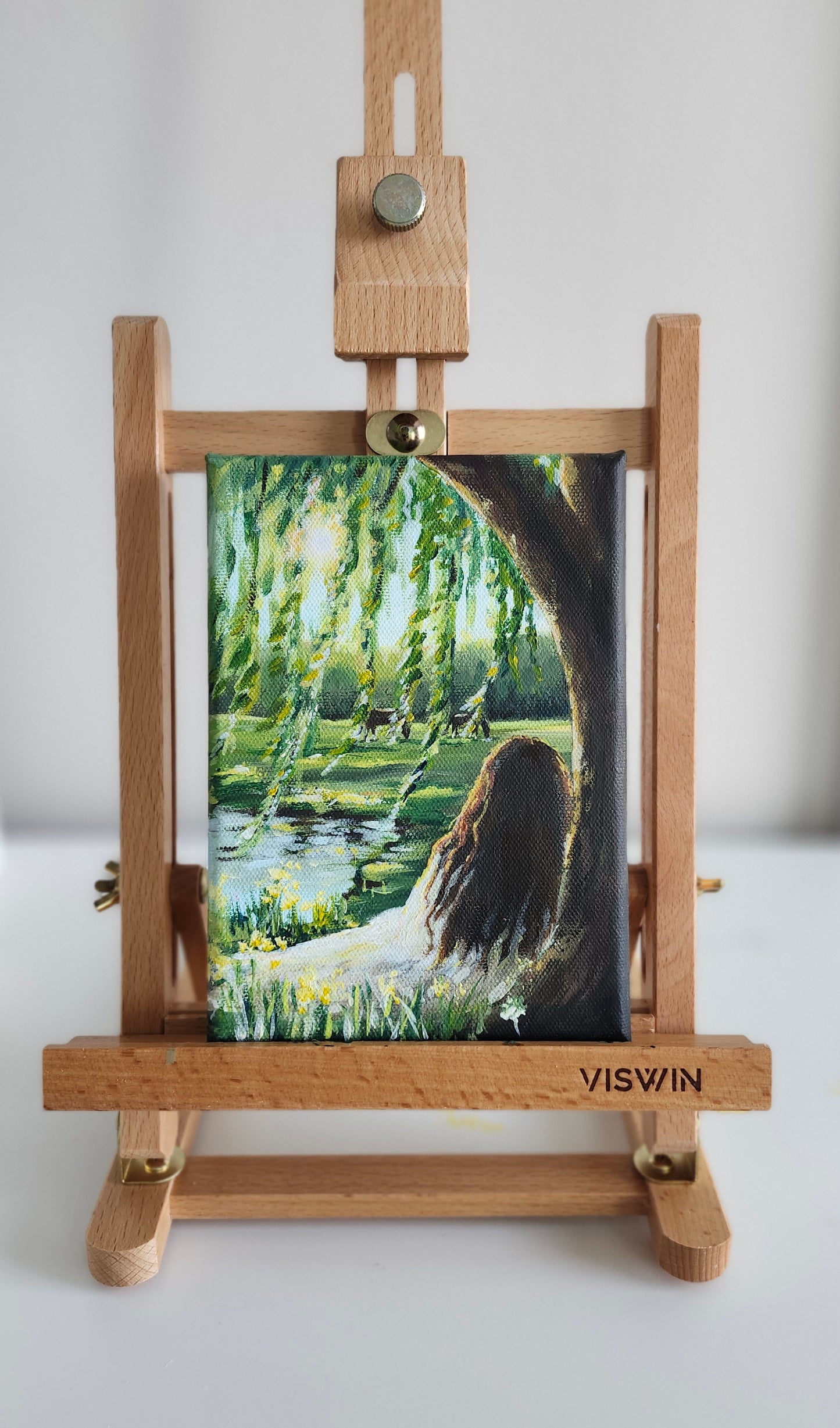 ORIGINAL Woman By Lake - Weeping Willow Landscape 5x7" Acrylic Painting-Kate Bauer