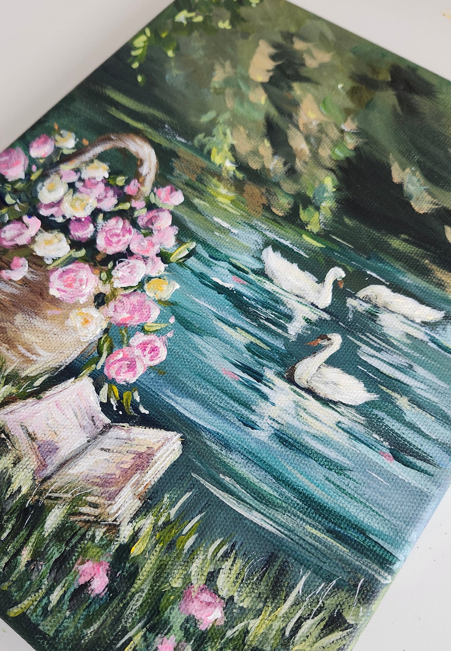 Original Pink Roses By Swan Lake -Flowers Landscape Painting-8x10"-Kate Bauer