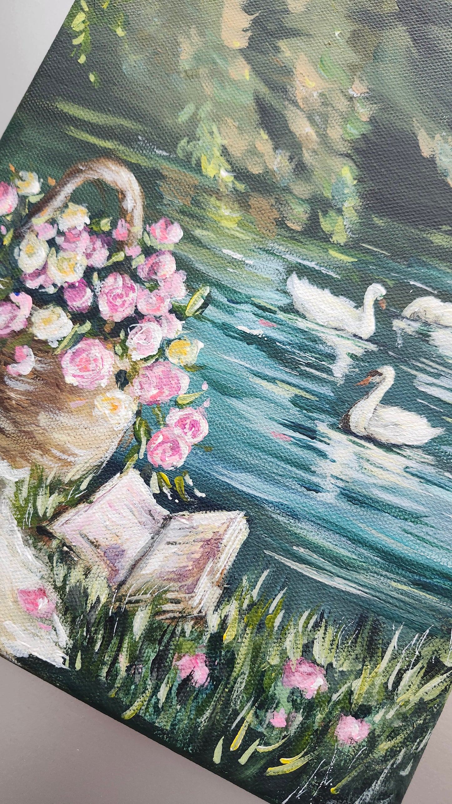 Original Pink Roses By Swan Lake -Flowers Landscape Painting-8x10"-Kate Bauer