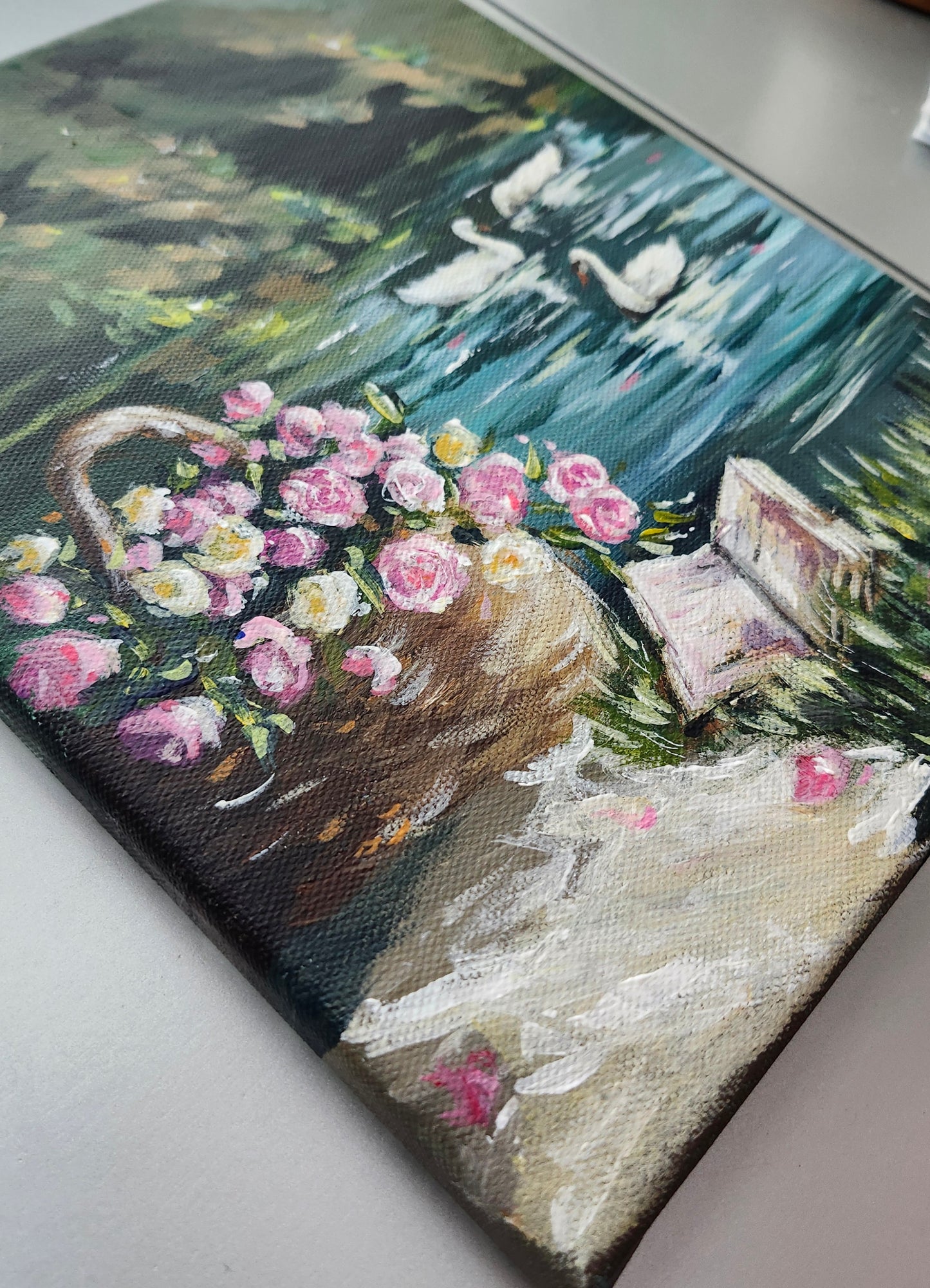 Original Pink Roses By Swan Lake -Flowers Landscape Painting-8x10"-Kate Bauer
