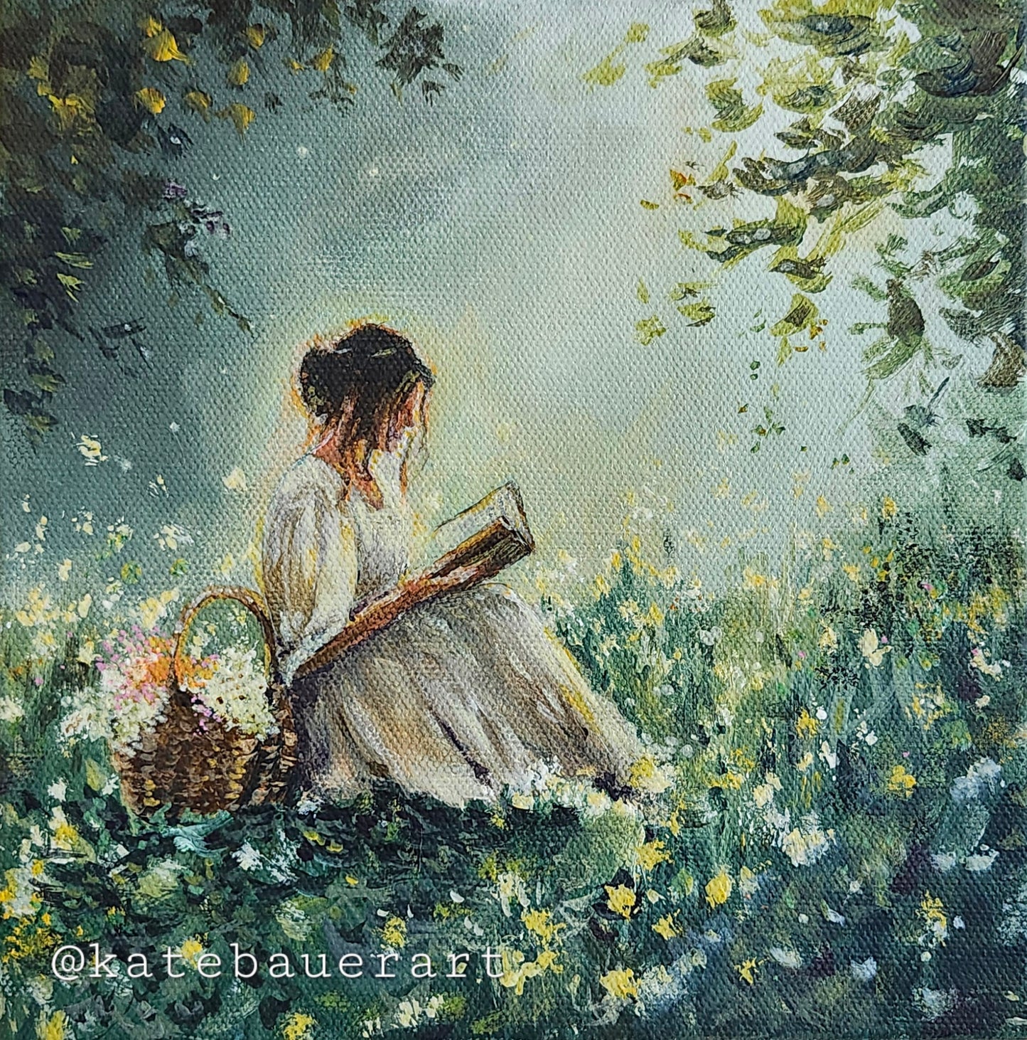 Original Woman In Flower meadow 8x8" Acrylic Painting-Kate Bauer Art