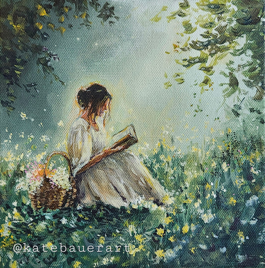Original Woman In Flower meadow 8x8" Acrylic Painting-Kate Bauer Art