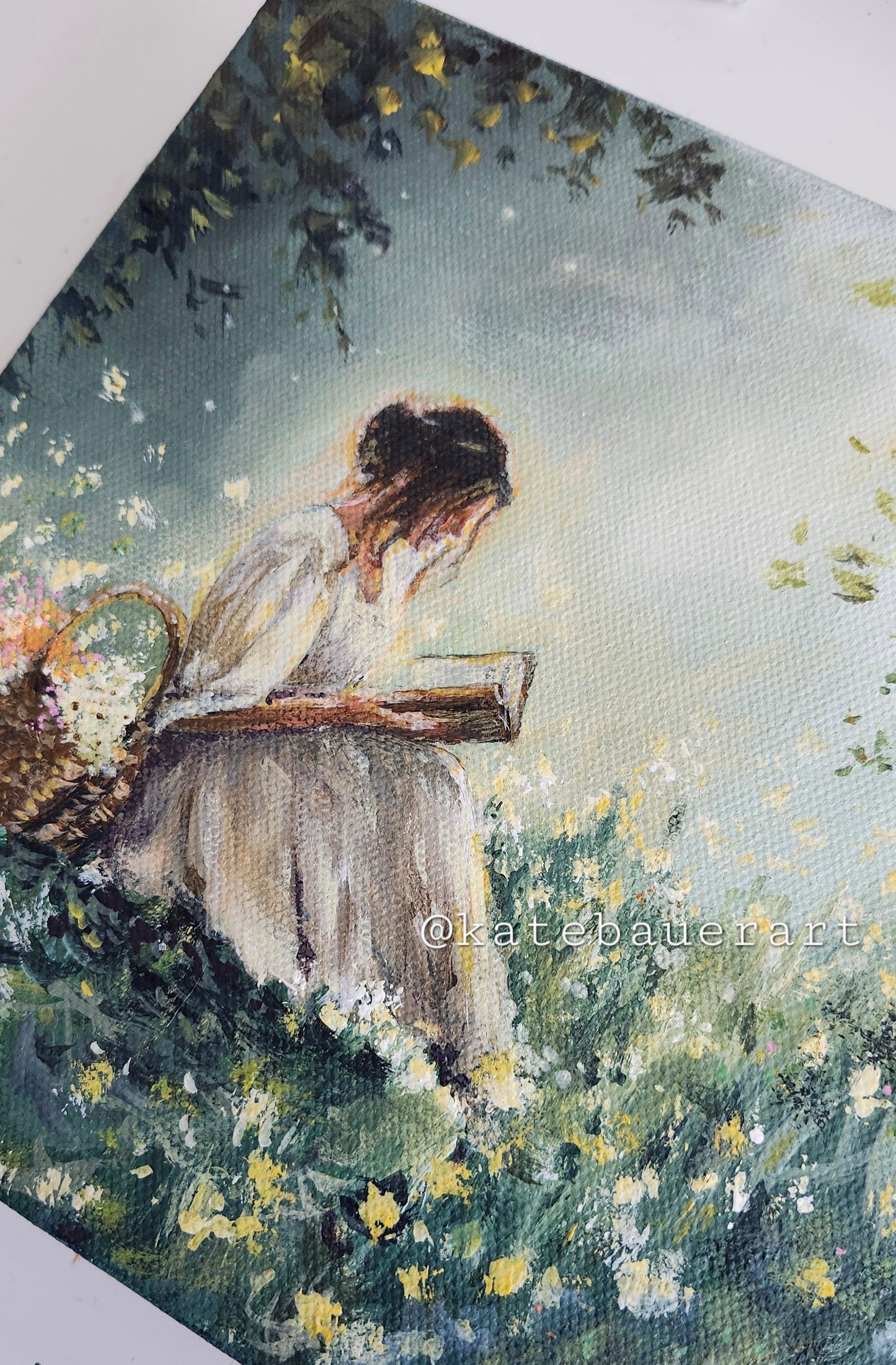 Original Woman In Flower meadow 8x8" Acrylic Painting-Kate Bauer Art