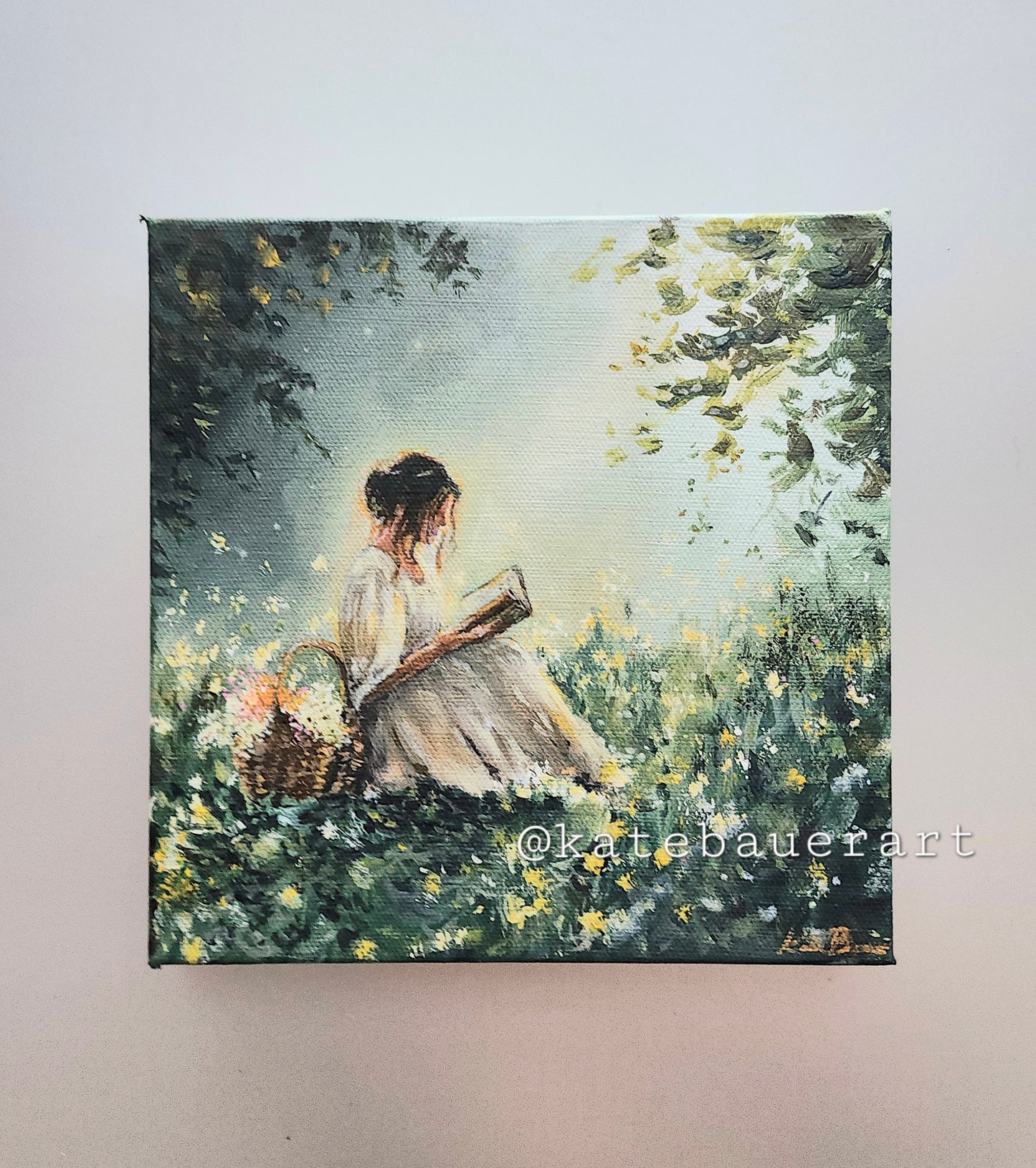 Original Woman In Flower meadow 8x8" Acrylic Painting-Kate Bauer Art