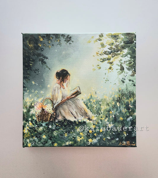 Original Woman In Flower meadow 8x8" Acrylic Painting-Kate Bauer Art