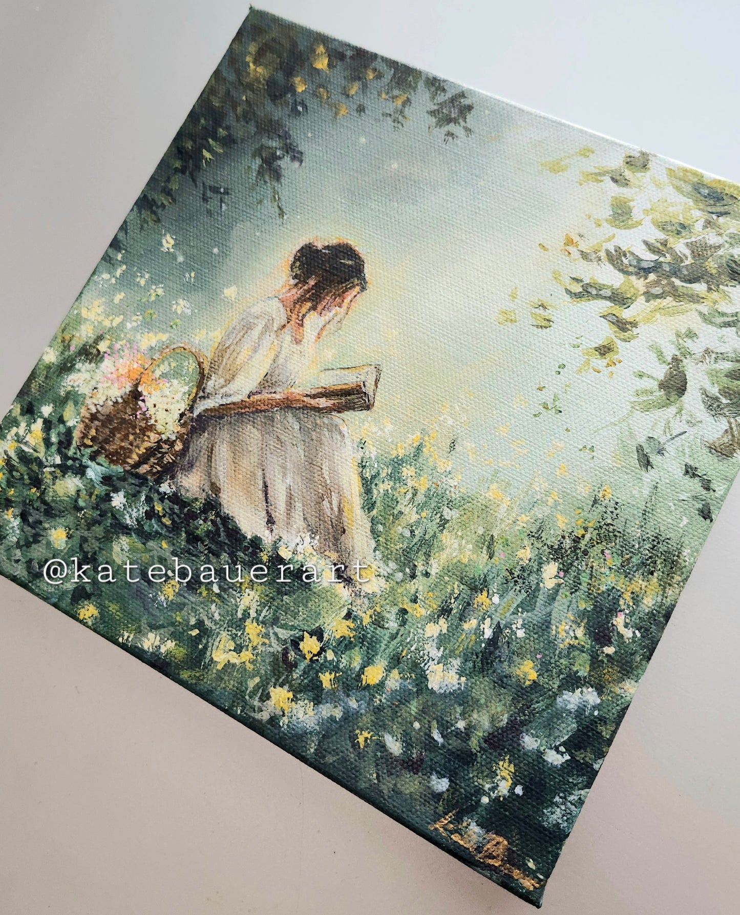 Original Woman In Flower meadow 8x8" Acrylic Painting-Kate Bauer Art