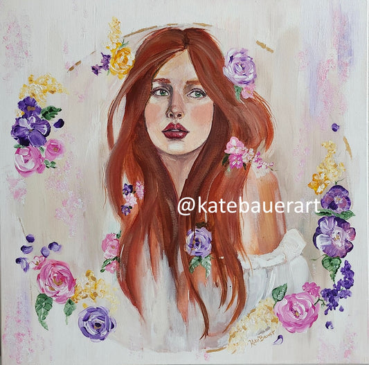Original Woman With Flowers - Ethereal Whimsy-24x24" Mixed Media Painting-Kate Bauer Art