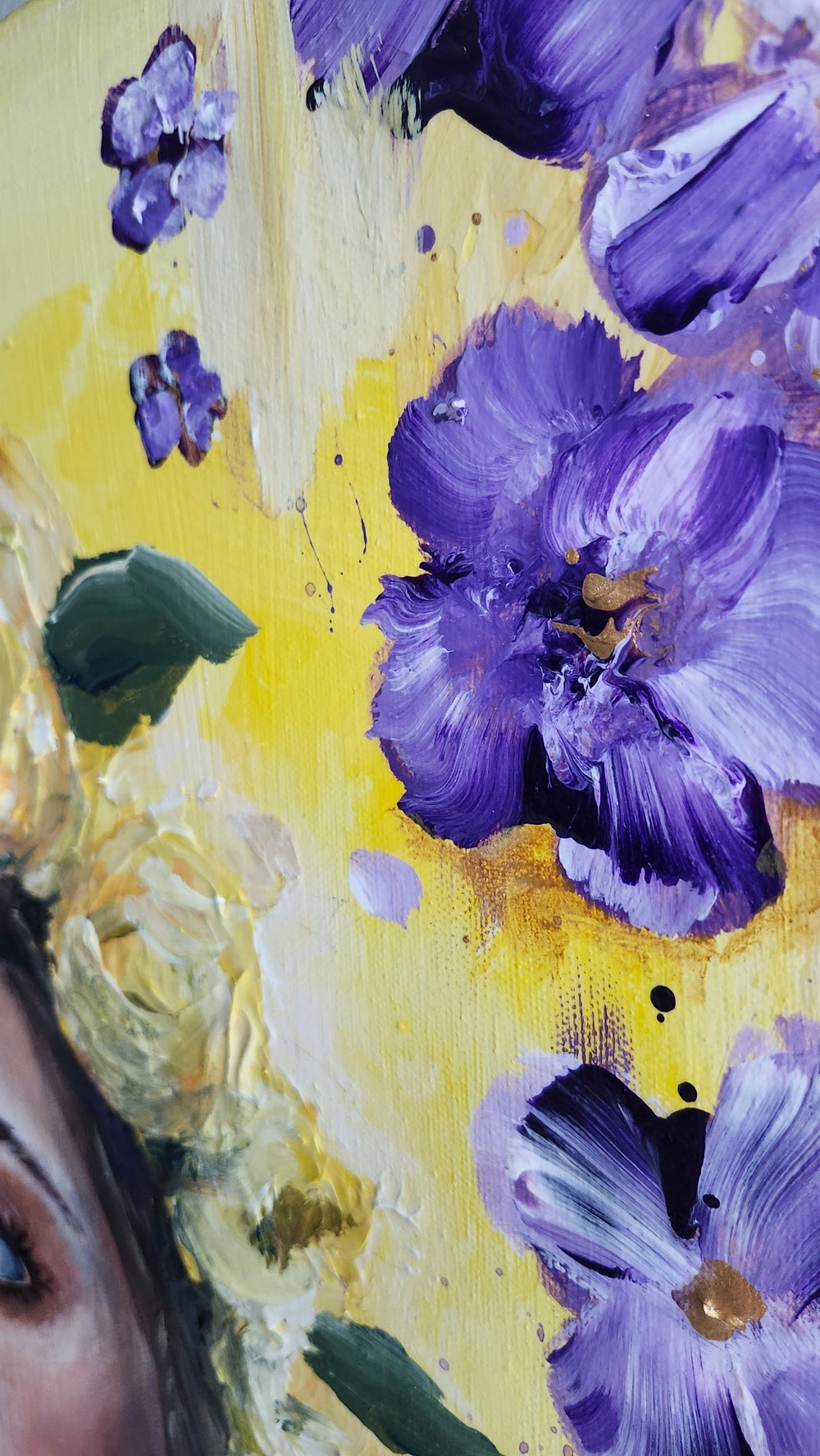 Original Woman With Yellow Flower Crown - Purple Flowers - 20x30 Acrylic Painting-Kate Bauer Art